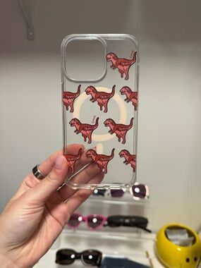 Coach Clear Phone Case with Pink Dinosaur Print 15pro max